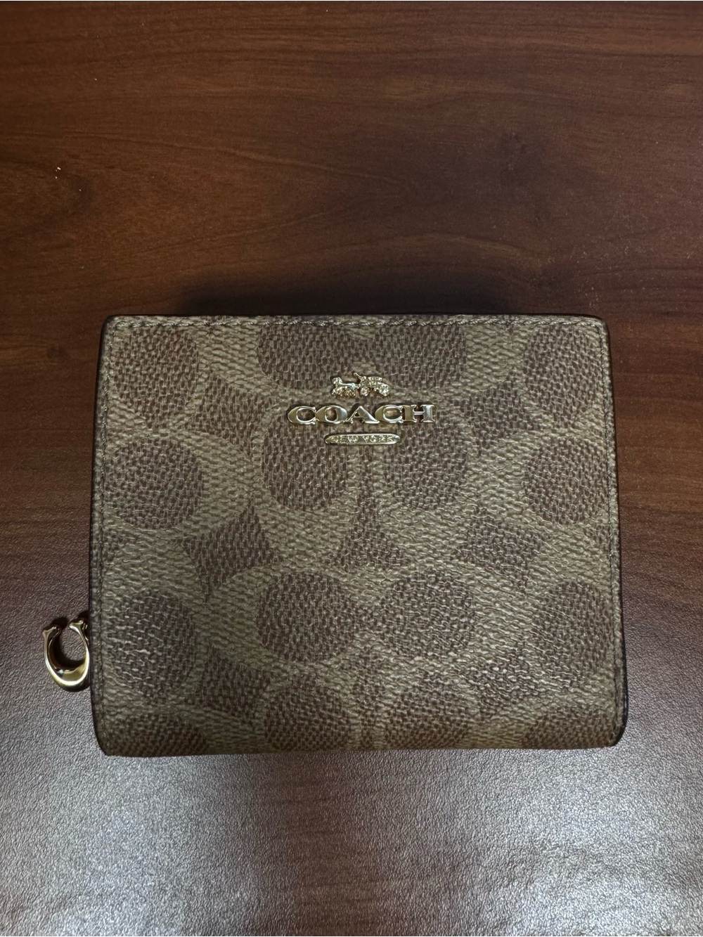 COACH Brown Signature Zip-Compact Wallet with Gold Logo